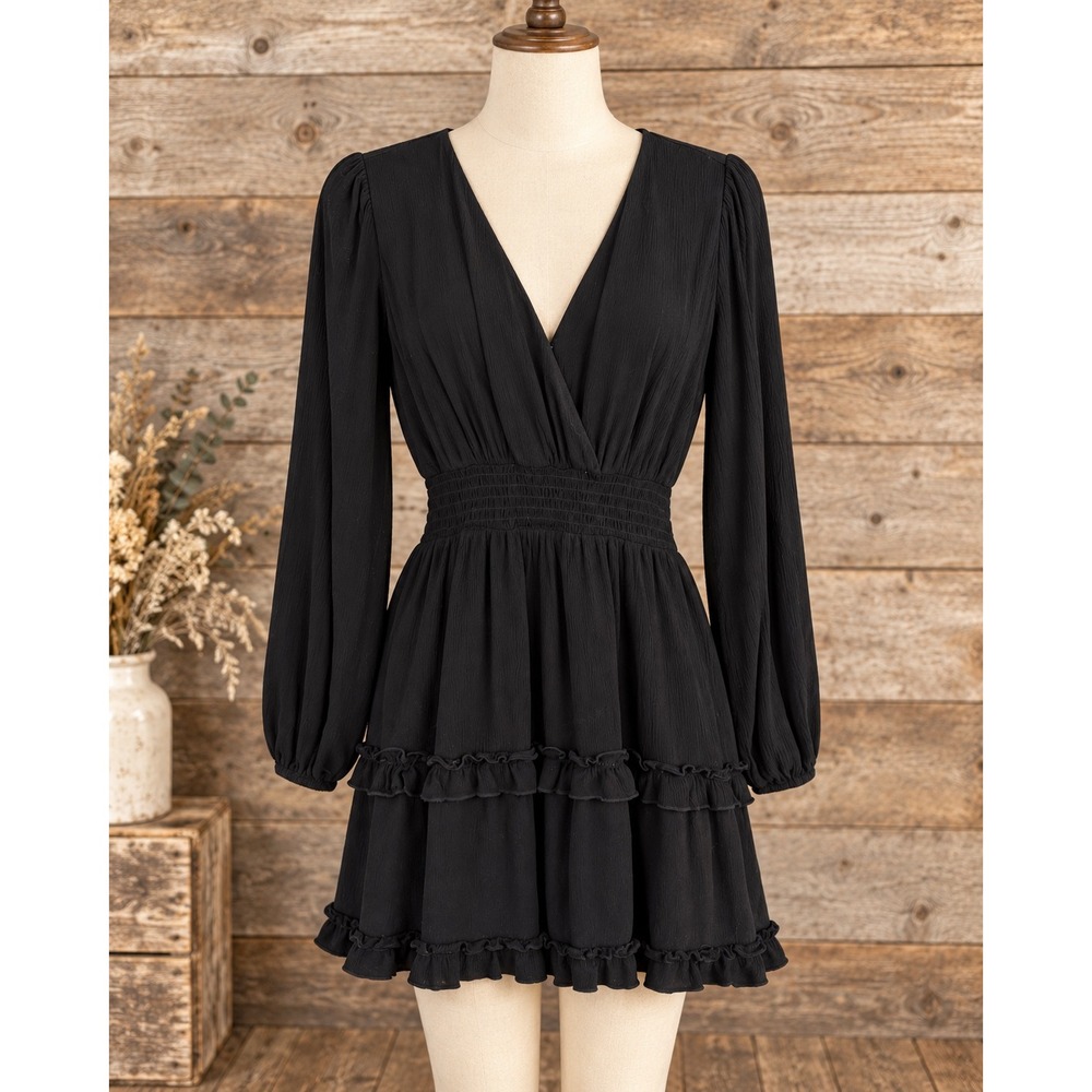 Alter'd State Black Mini Dress Small Long Sleeve Smocked Waist Boho Romantic